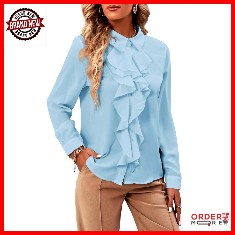 Ruffle Front Button Down Blouse Long Sleeve Collar Neck Top
